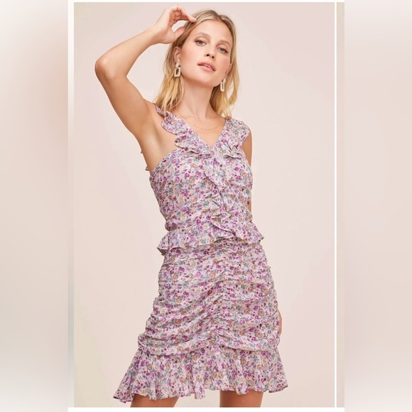 ASTR Zinnia Ditsy Floral Ruffle Ruched Mini Dress - Picture 1 of 7